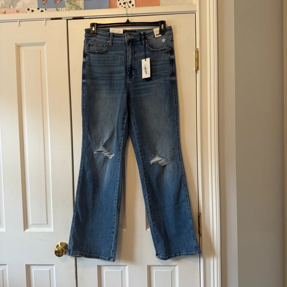 NWT Judy Blue Straight High Rise Tummy Control Distressed Knee Jeans Size 13/31 - Picture 2 of 16